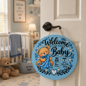 Baby Boy Wooden Door Sign – Welcome to the World